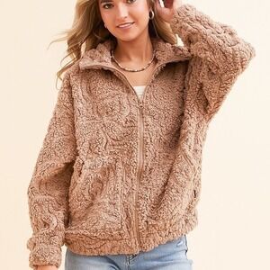 NWT Billabong Womens Faux Fur PaisleySherpa Zip Up Jacket MOCHA Brown M
